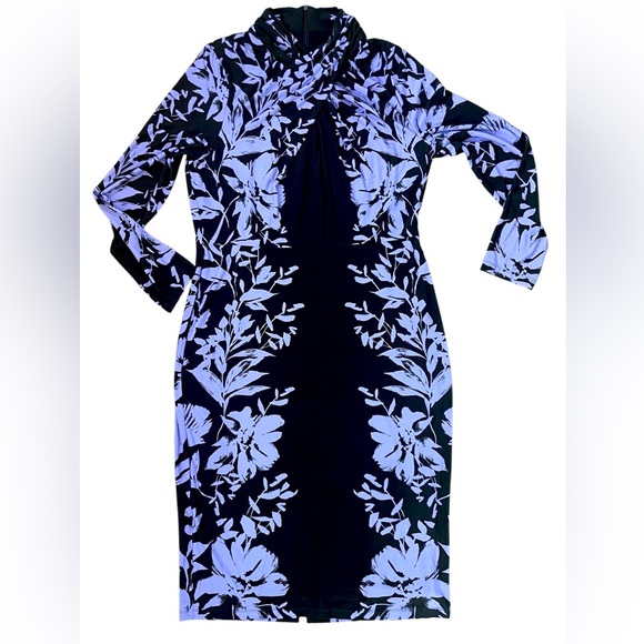 NEW Maggie London Elegant Purple Brown Long Sleeve High Neck Floral Dress 14 - Picture 2 of 11